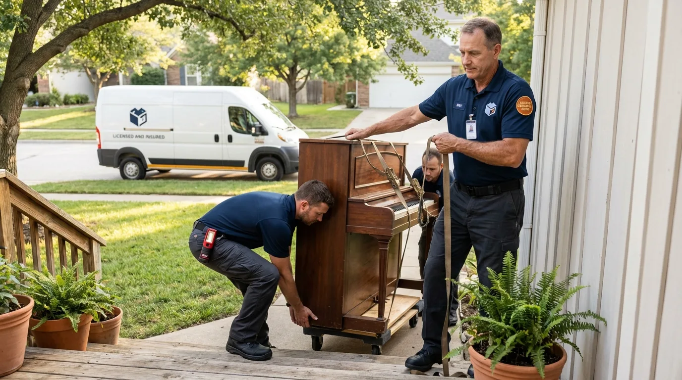 Licensed piano movers securing grand piano in Rochester, MN