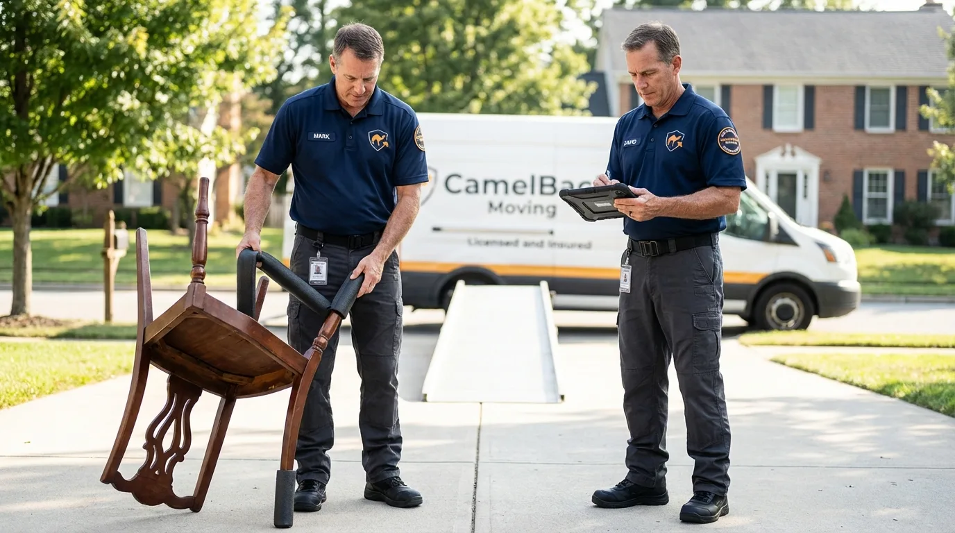 Movers inspecting furniture for damage prevention before loading in Rochester, MN